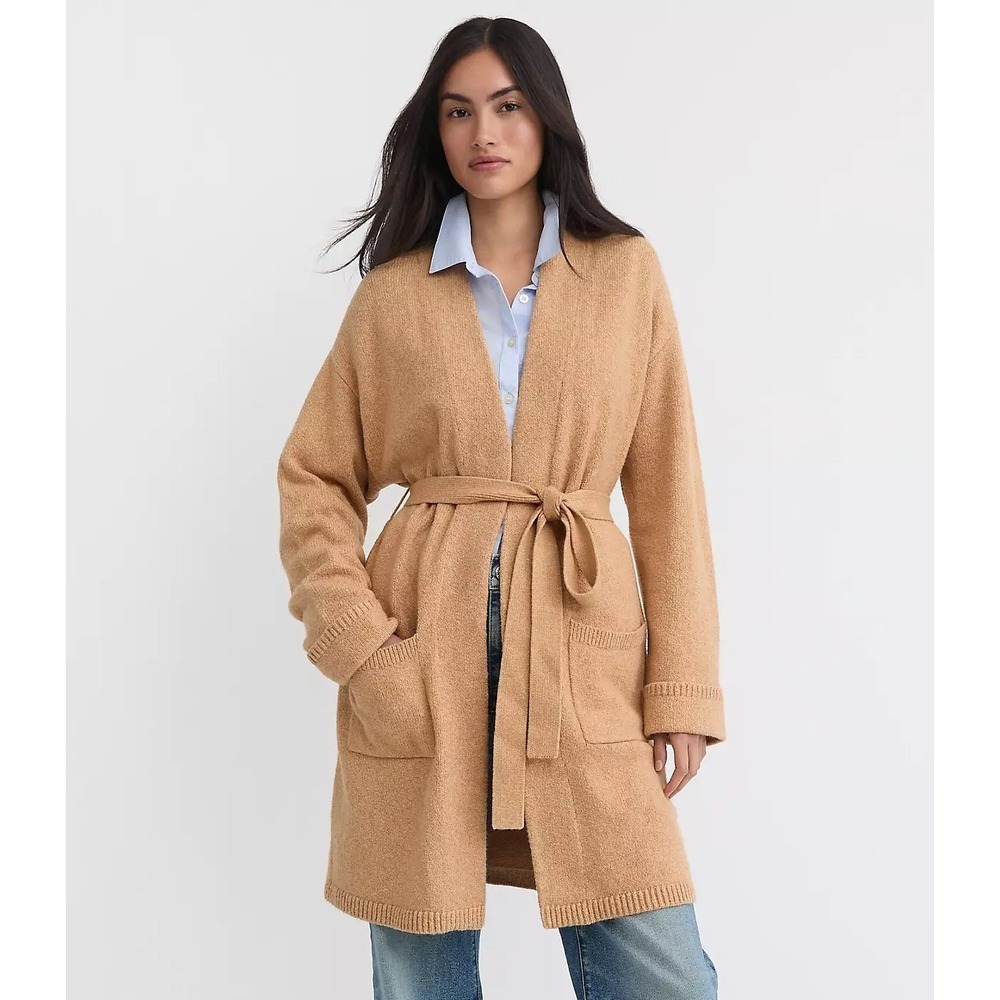 LOFT Cardigan Sweater Medium Tan Belted Open Front Pocket Longline